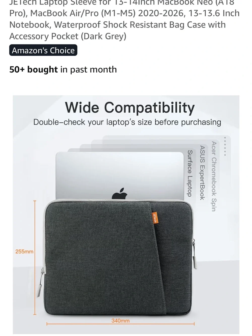 JETech Dark Gray Laptop Sleeve for 13-14 inch MacBook & Notebooks